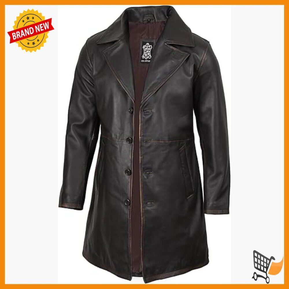 Men's Lambskin Leather Coat, Regular Fit, Trench Style, Button Closure